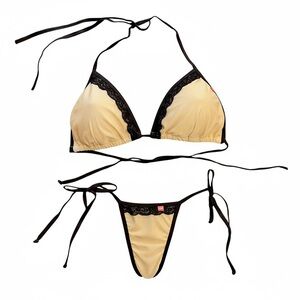 Chyna Doll Lace Nude Shimmer Micro Bikini Bottom- Medium/ Bikini Top- Large